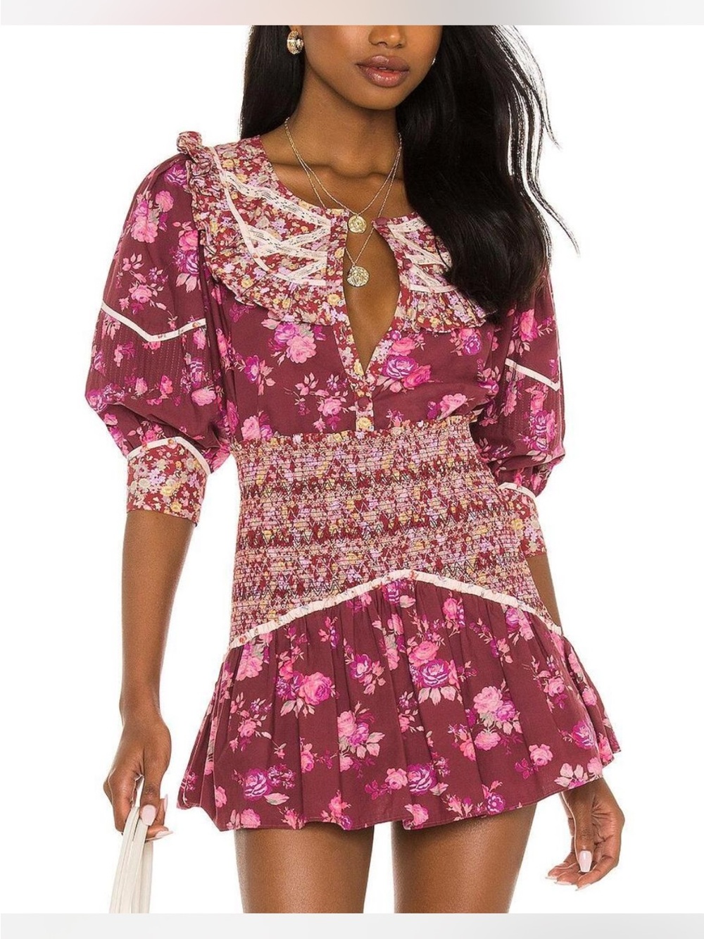 LoveShackFancy Burgundy Floral Smocked  Skirt- Anguilla Skirt- Spiced Apple Red